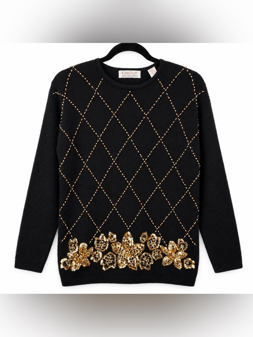 Vintage Karen Scott Silk Angora Sweater Black Gold Beaded Sequin Holiday Glam